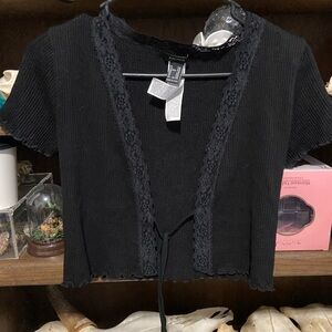 Forever 21 cropped ribbed black lace shrug cardigan top tie front sz sm small